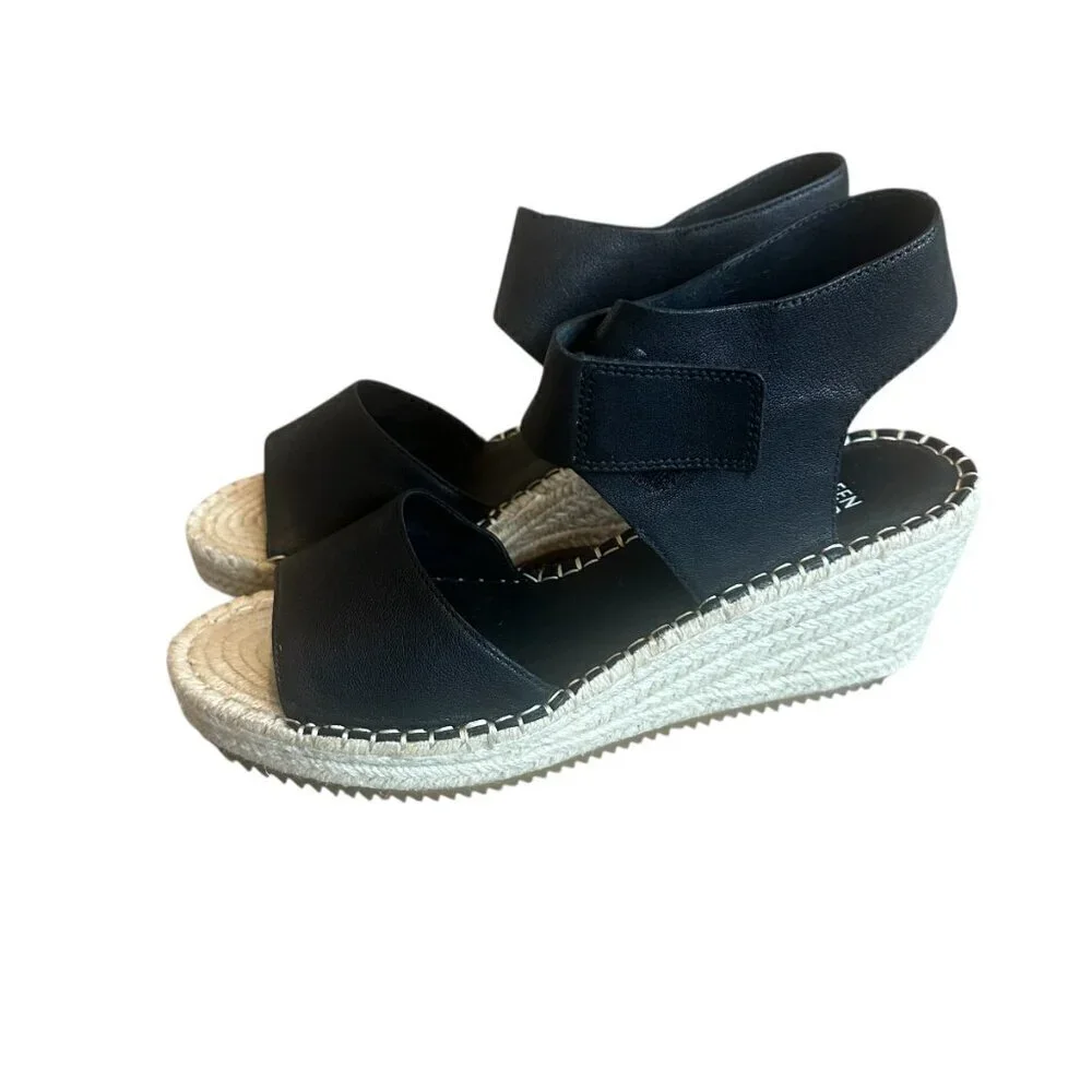 Eileen Fisher Weslia Black Wedge Sandals Espadrille Ankle Strap Size 9 Women's